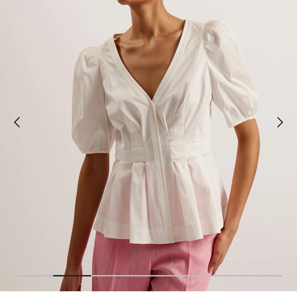 NWT Ted Baker Burdur Stitch Detail Puff Sleeve Top White, size 0